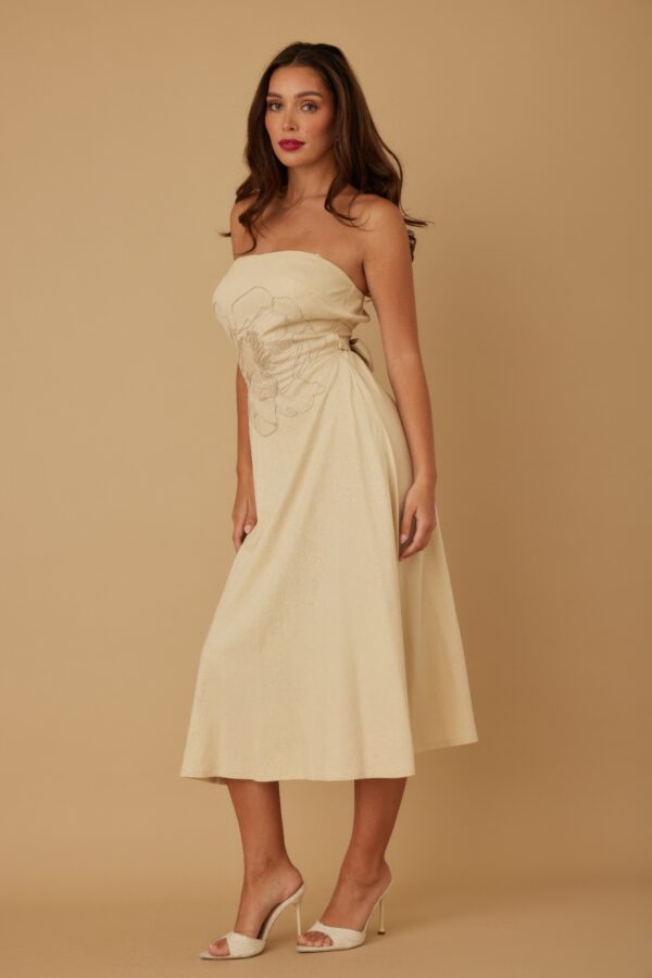 Strapless Linen-Texture Dress with Floral Lining