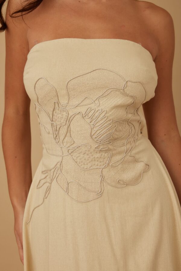 Strapless Linen-Texture Dress with Floral Lining