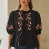 Poplin Ribbon-Tie Blouse with Embroidered Front