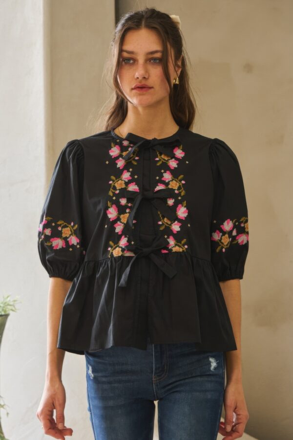 Poplin Ribbon-Tie Blouse with Embroidered Front