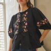 Poplin Ribbon-Tie Blouse with Embroidered Front