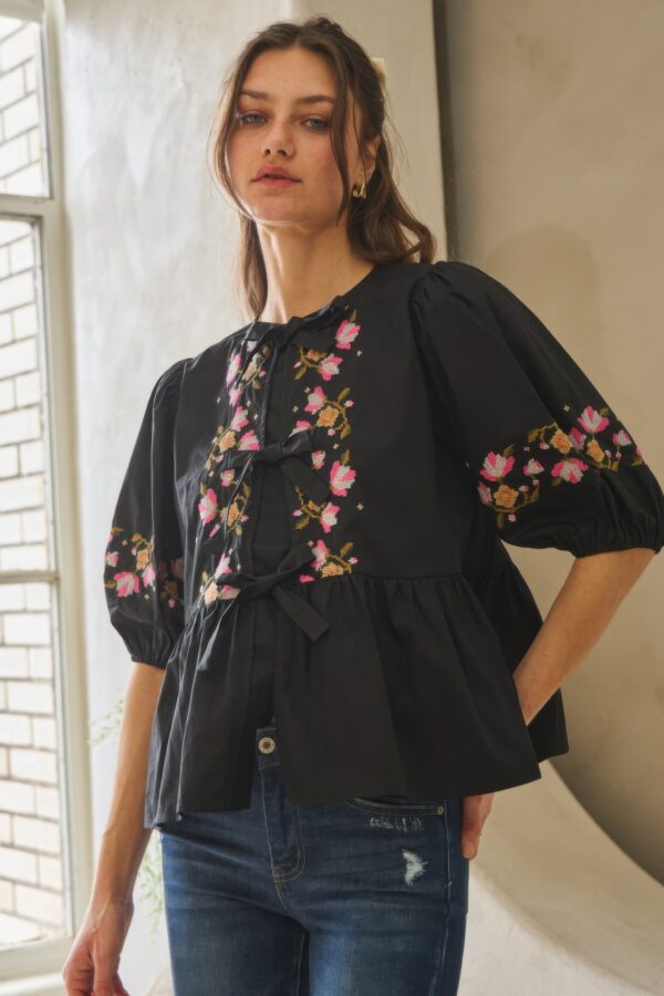 Poplin Ribbon-Tie Blouse with Embroidered Front