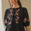 Poplin Ribbon-Tie Blouse with Embroidered Front