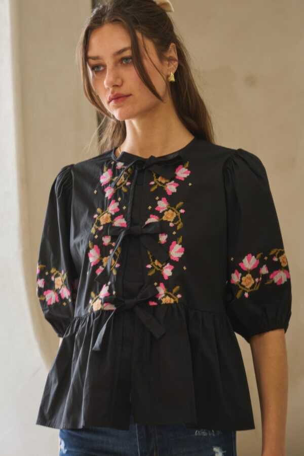 Poplin Ribbon-Tie Blouse with Embroidered Front
