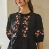 Poplin Ribbon-Tie Blouse with Embroidered Front