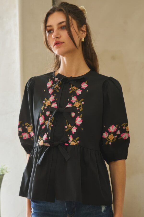 Poplin Ribbon-Tie Blouse with Embroidered Front