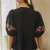 Poplin Ribbon-Tie Blouse with Embroidered Front