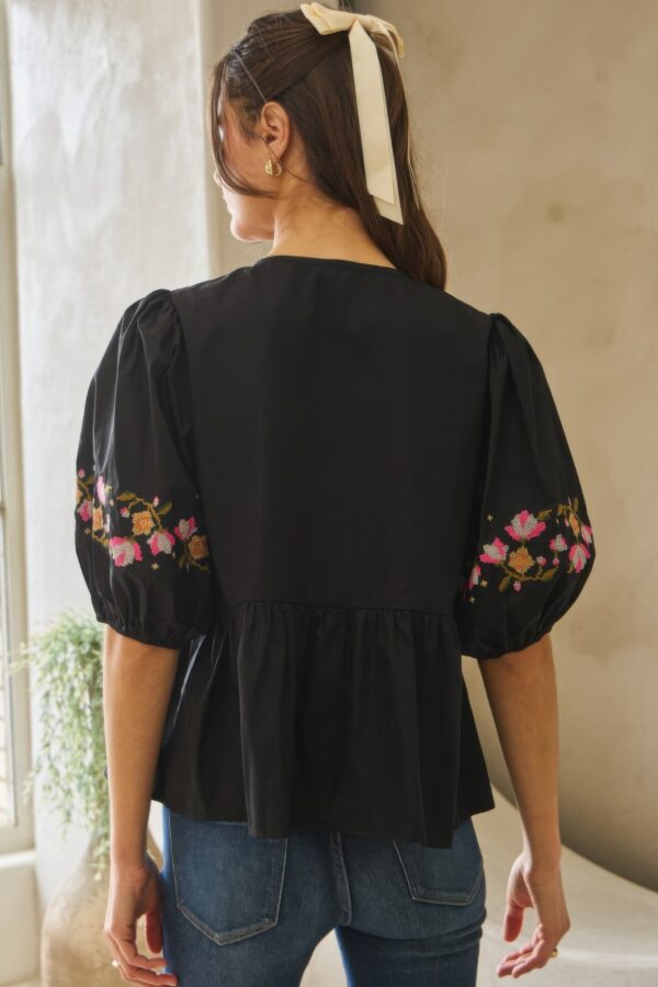 Poplin Ribbon-Tie Blouse with Embroidered Front