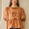 Poplin Front Ribbon-Tie Blouse with Embroidery