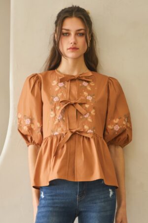 Poplin Front Ribbon-Tie Blouse with Embroidery