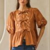 Poplin Front Ribbon-Tie Blouse with Embroidery