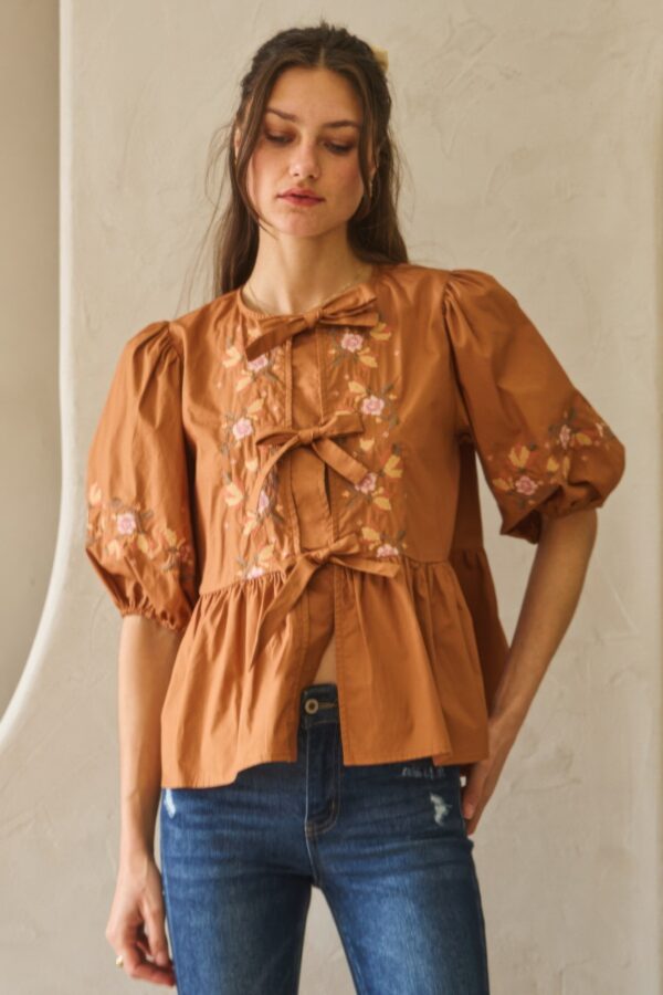 Poplin Front Ribbon-Tie Blouse with Embroidery