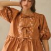 Poplin Front Ribbon-Tie Blouse with Embroidery