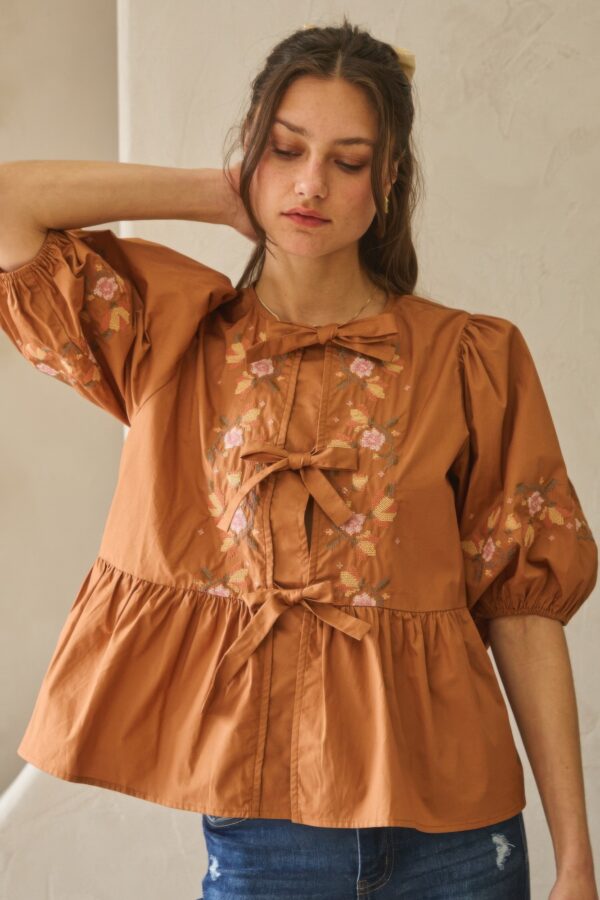 Poplin Front Ribbon-Tie Blouse with Embroidery