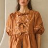 Poplin Front Ribbon-Tie Blouse with Embroidery