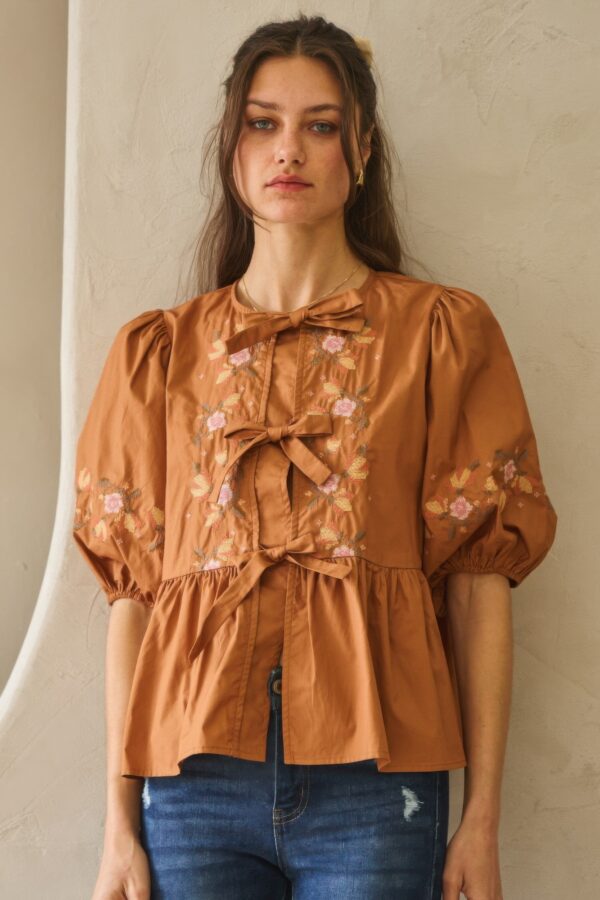 Poplin Front Ribbon-Tie Blouse with Embroidery