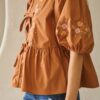 Poplin Front Ribbon-Tie Blouse with Embroidery