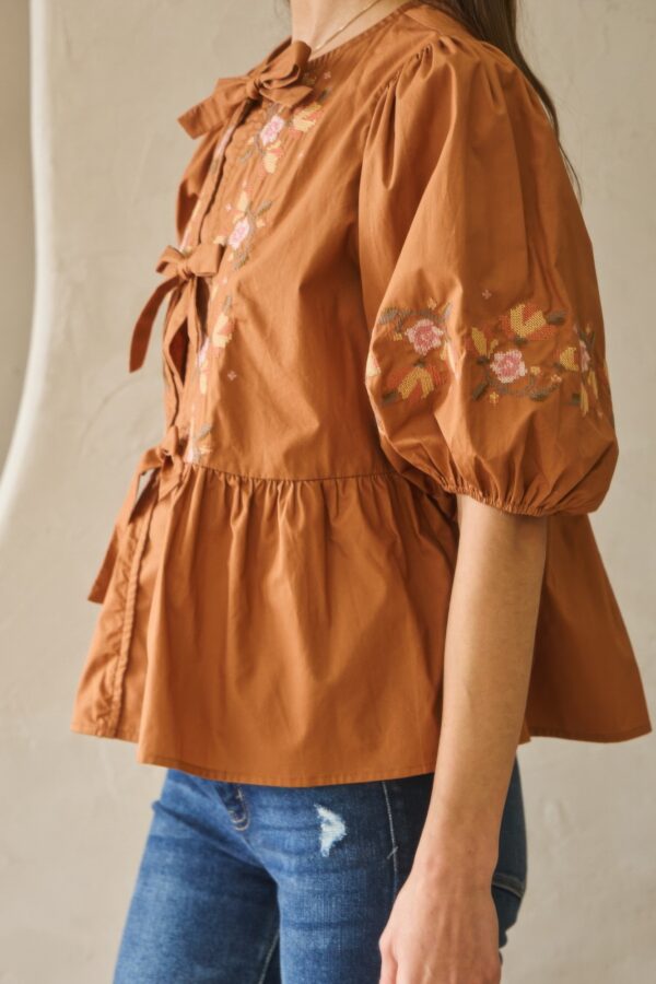 Poplin Front Ribbon-Tie Blouse with Embroidery