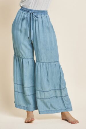Tiered Washed Denim Wide-Leg Pants