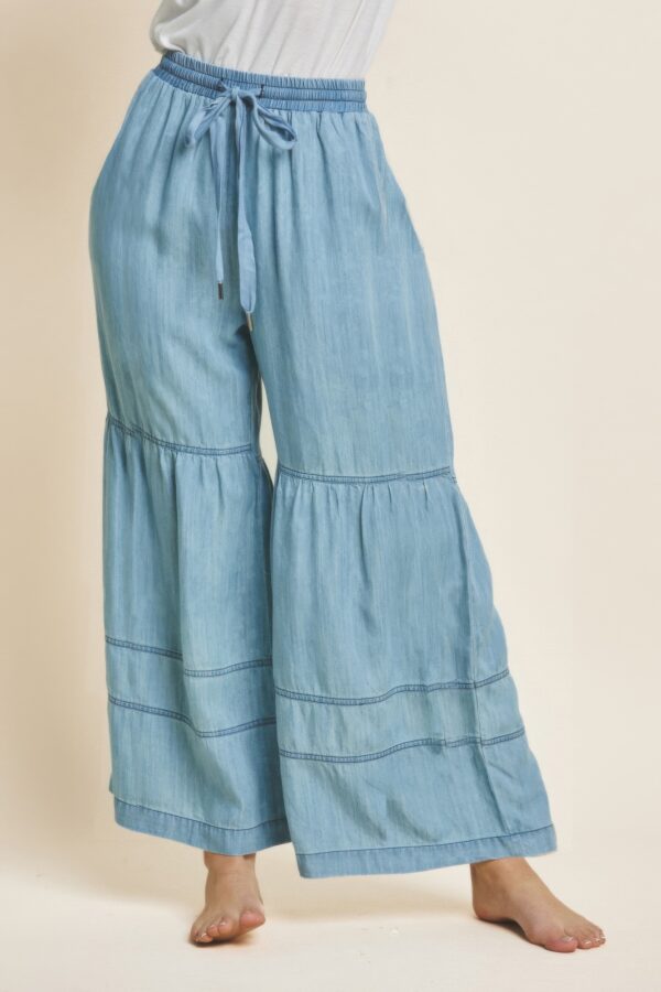 Tiered Washed Denim Wide-Leg Pants