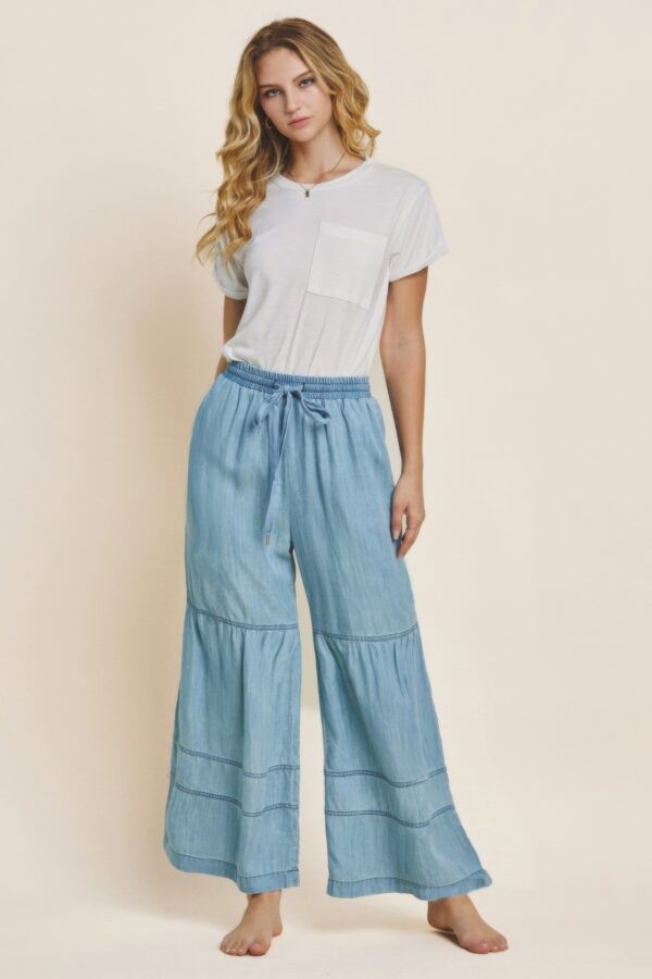 Tiered Washed Denim Wide-Leg Pants