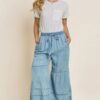 Tiered Washed Denim Wide-Leg Pants