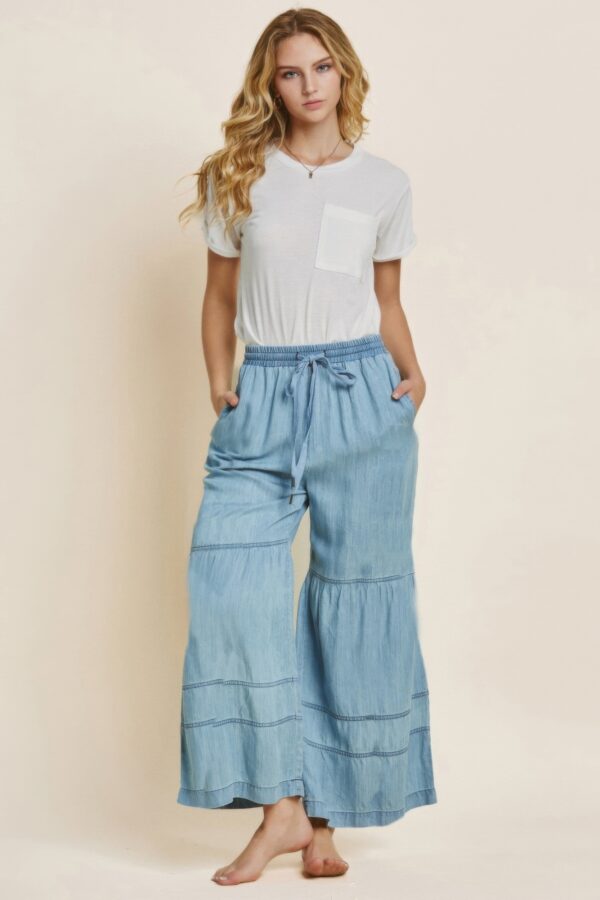 Tiered Washed Denim Wide-Leg Pants