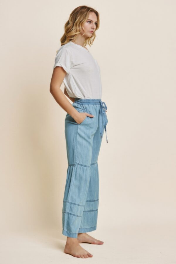 Tiered Washed Denim Wide-Leg Pants