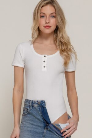 Ribbed Short-Sleeve Snap-Button Cotton Bodysuit