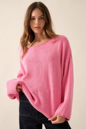 Oversized Rib-Knit Boatneck Sweater with Rolled Trim