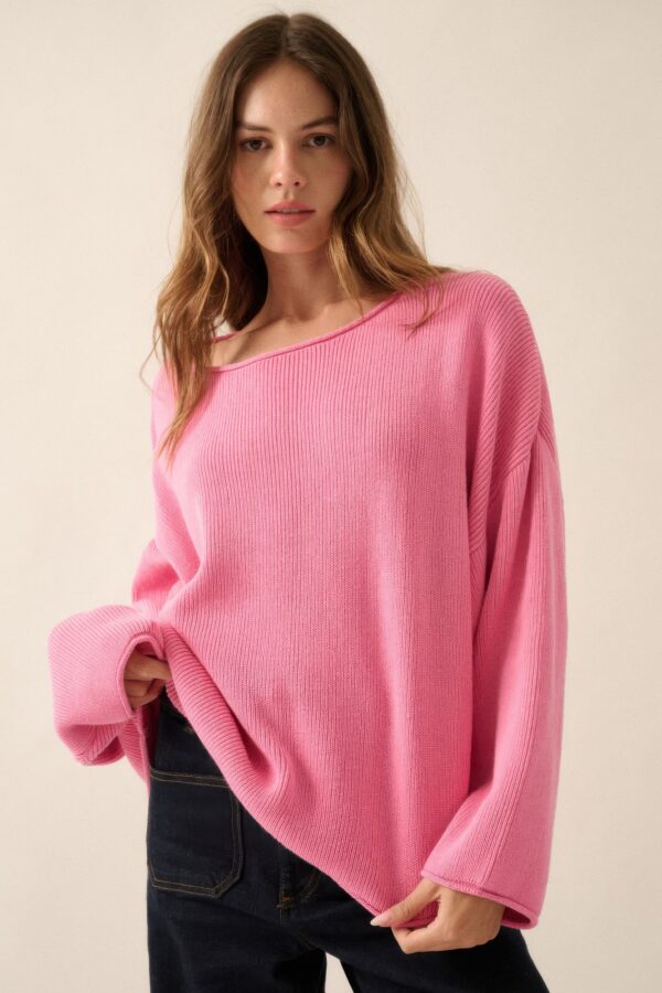 Oversized Rib-Knit Boatneck Sweater with Rolled Trim
