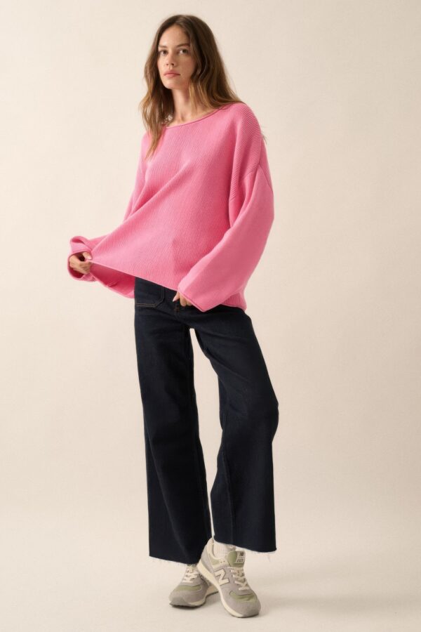 Oversized Rib-Knit Boatneck Sweater with Rolled Trim