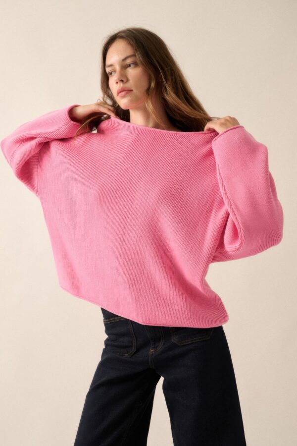 Oversized Rib-Knit Boatneck Sweater with Rolled Trim