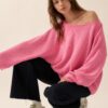 Oversized Rib-Knit Boatneck Sweater with Rolled Trim