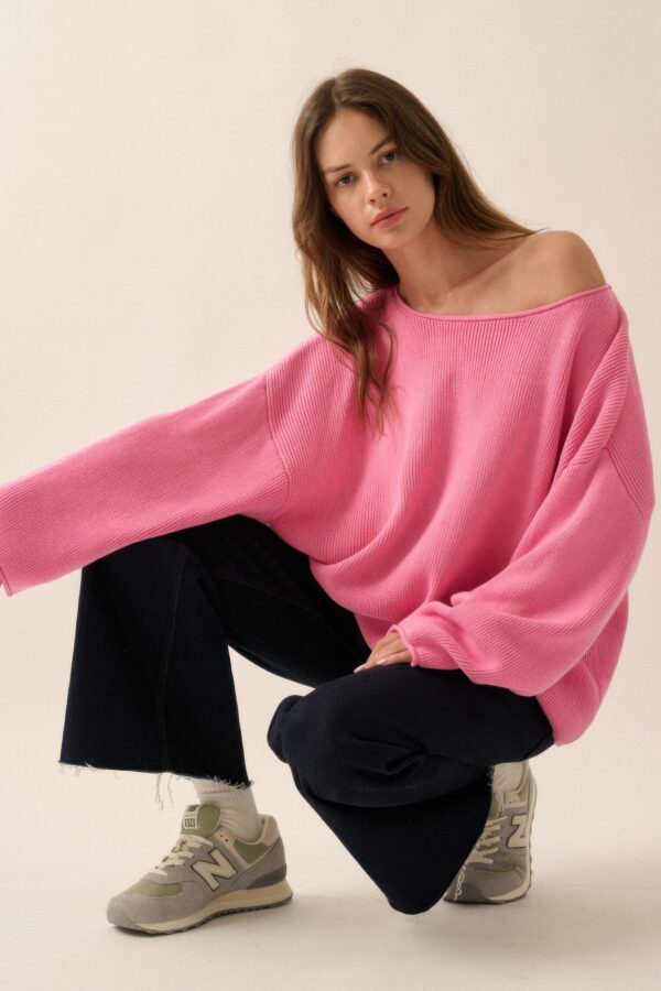 Oversized Rib-Knit Boatneck Sweater with Rolled Trim