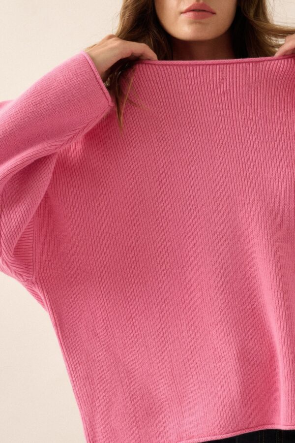 Oversized Rib-Knit Boatneck Sweater with Rolled Trim