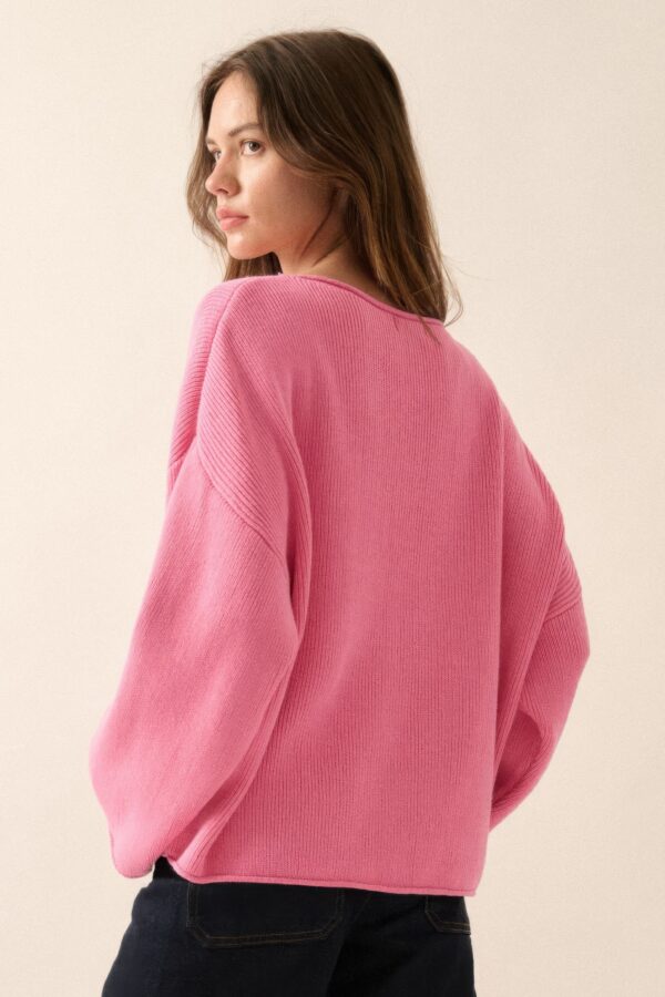 Oversized Rib-Knit Boatneck Sweater with Rolled Trim
