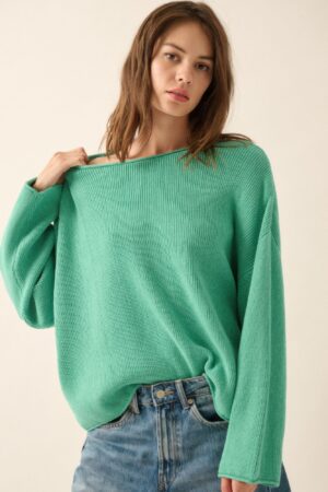 Rib-Knit Oversized Boatneck Sweater with Rolled Edges