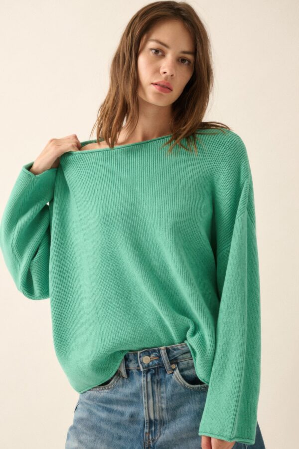 Rib-Knit Oversized Boatneck Sweater with Rolled Edges
