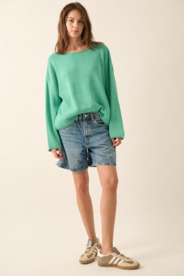 Rib-Knit Oversized Boatneck Sweater with Rolled Edges
