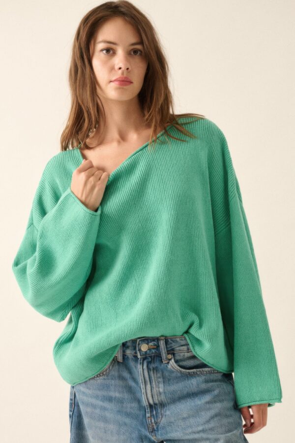 Rib-Knit Oversized Boatneck Sweater with Rolled Edges