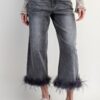 High-Waist Cropped Denim Pants with Feather Hem
