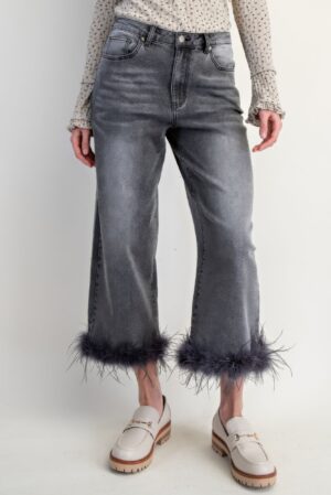 High-Waist Cropped Denim Pants with Feather Hem