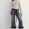 High-Waist Cropped Denim Pants with Feather Hem