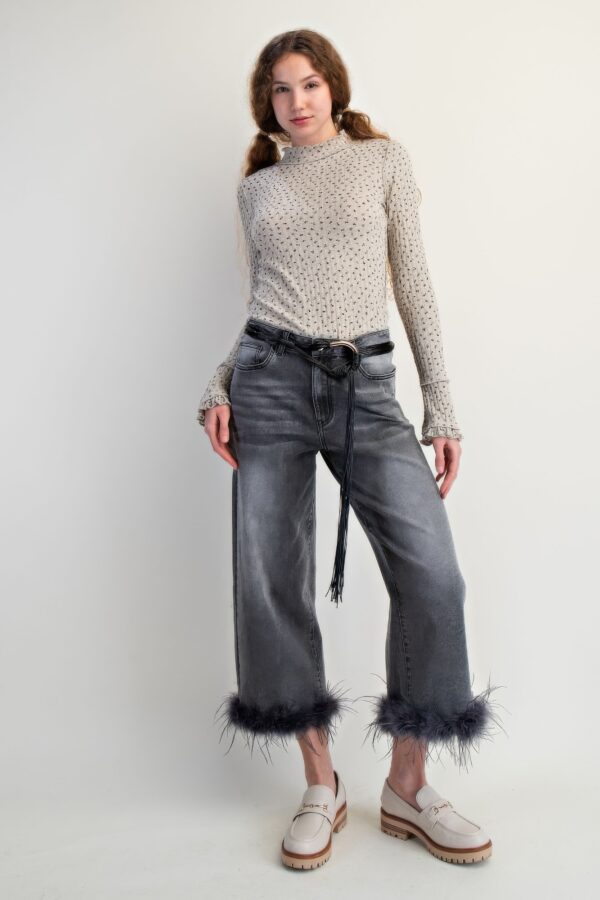 High-Waist Cropped Denim Pants with Feather Hem
