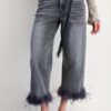 High-Waist Cropped Denim Pants with Feather Hem