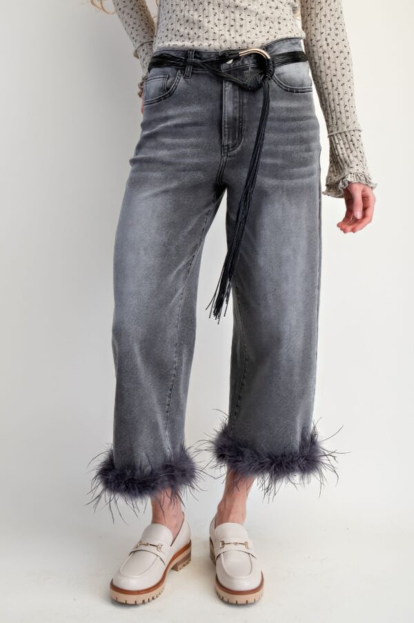 High-Waist Cropped Denim Pants with Feather Hem