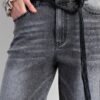 High-Waist Cropped Denim Pants with Feather Hem