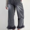 High-Waist Cropped Denim Pants with Feather Hem