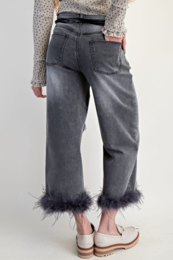 High-Waist Cropped Denim Pants with Feather Hem